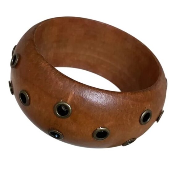 Western Style Riveted Wood Wide Bangle Bracelet Southwest Accessory - Picture 1 of 3